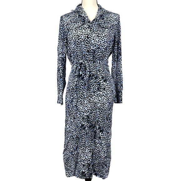 & Other Stories Shirt Dress Midi Blue Animal Print Long Sleeve Side Zip Belted - Picture 2 of 12